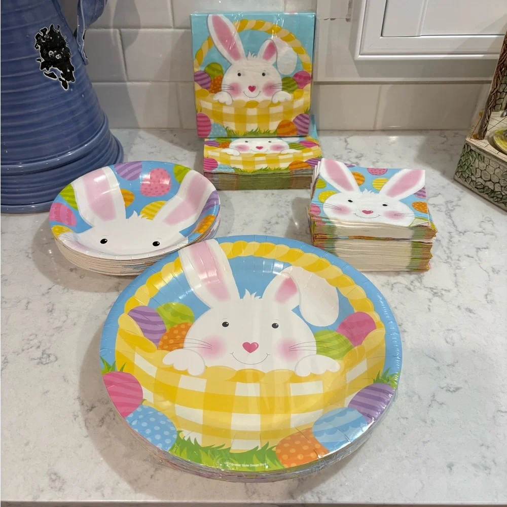 Easter Bunny Paper Plates & Napkins Set - Pastel Yellow, Blue, Pink